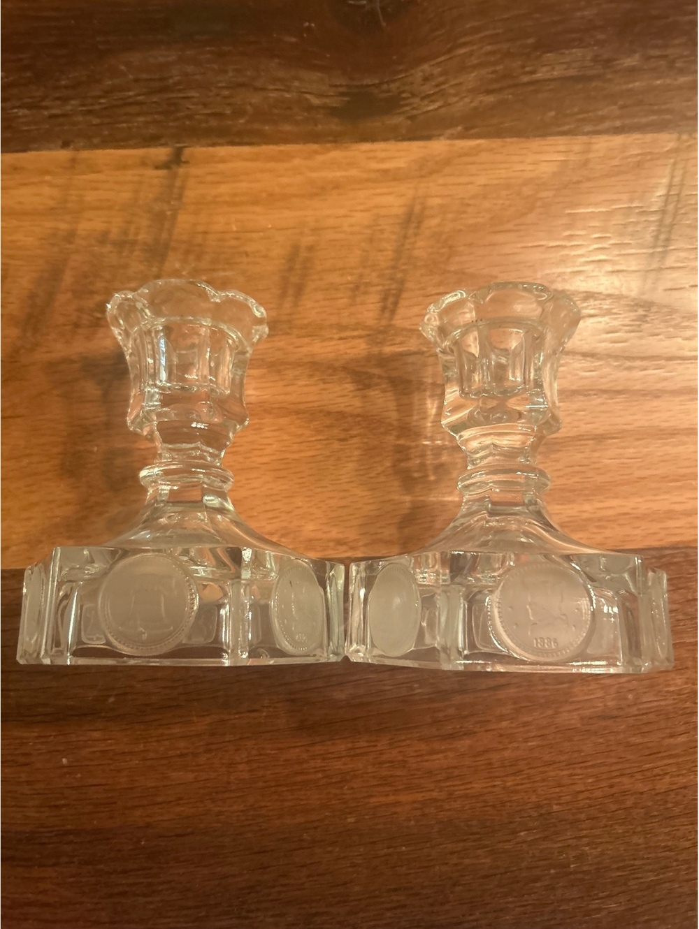 Vintage Fostoria Coin Glass Candlestick Holders )1977 Avon 91st Anniversary